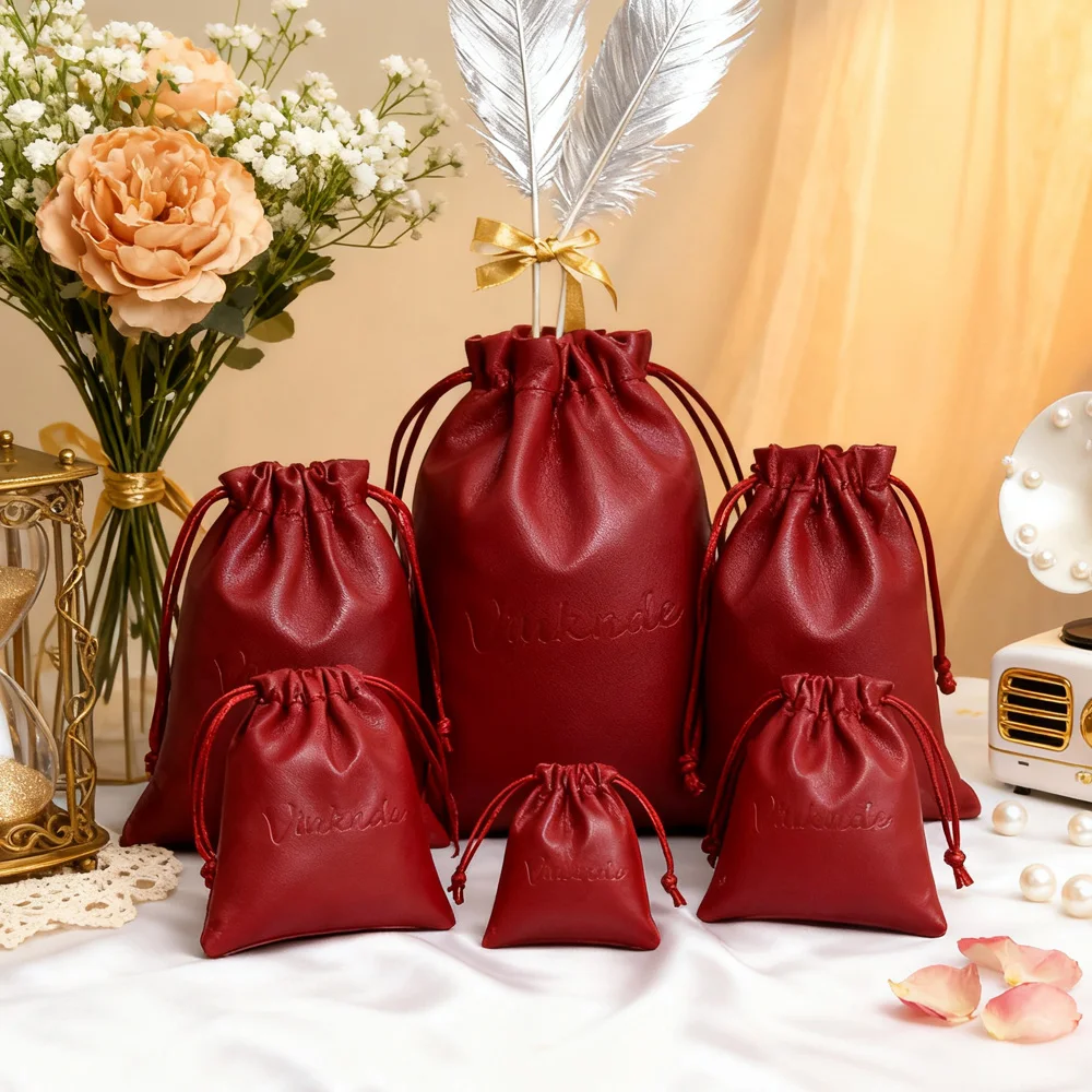 

100Pcs Custom Printing Logo PU Leather Jewelry Bag Drawstring Gift Packaging Pouch Container for Boutique Necklace Ring Cosmetic