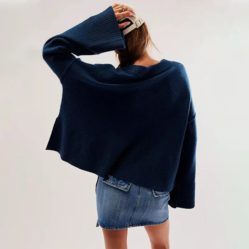2025 New Fall and Winter Loose Solid Color Crew Neck Flared Sleeve Pullover Knitted Sweater Fashion Sweater for Women