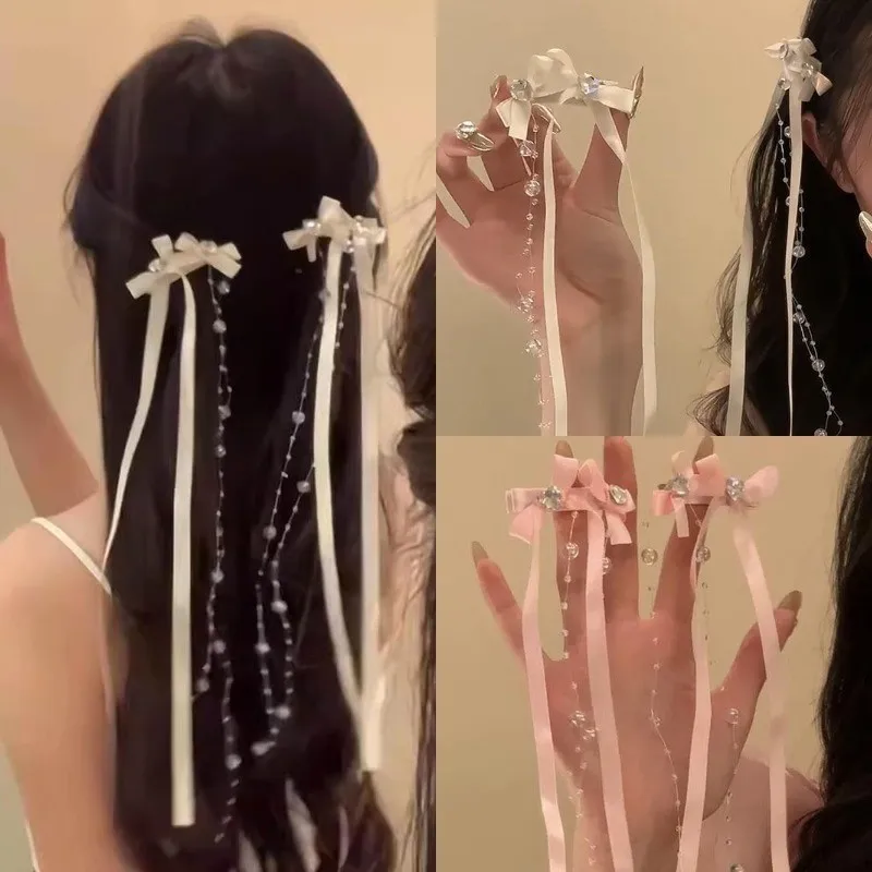 

Ribbon Glass Beaded Bow Tassel Hair Clip Women Korean Y2K Fashion Solid Color Hairpin Girls Party Headwear Side Clips