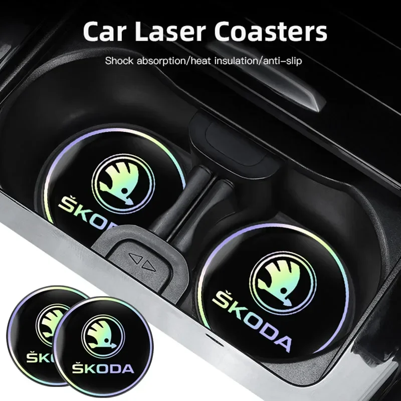 Posavasos láser antideslizante para coche, almohadilla con ranura para taza de agua para Skoda Octavia Superb Rapid Kodiaq Kamiq Vision RS Yeti Karoq Fabia Enyaq, 2 uds.