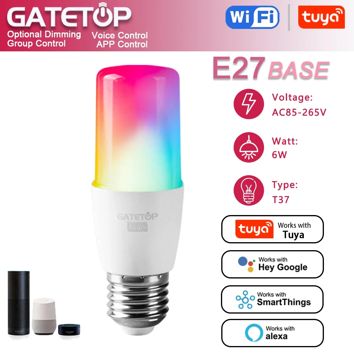 

Tuya Rgb Bulb T37 E27 Smart 6W Light Dimmable Wifi Led Magic Lamp AC 110V 85V-265V Work With Alexa Google Home