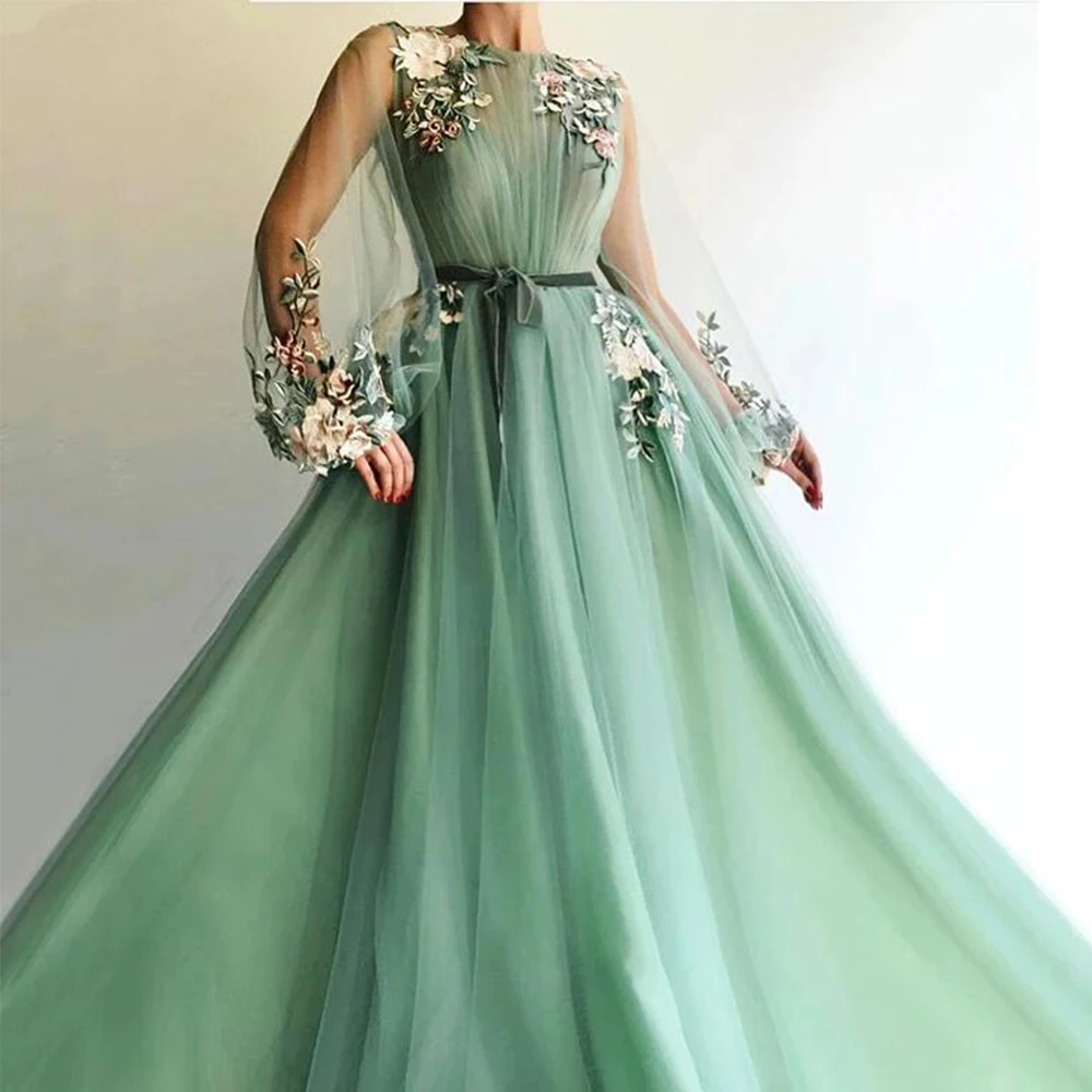 

2024 Mint Green Elegant A-Line Prom Dresses Long Sleeves With 3D Flowers and Belt Prom Dress Evening Gown Vestido Fiesta Noche