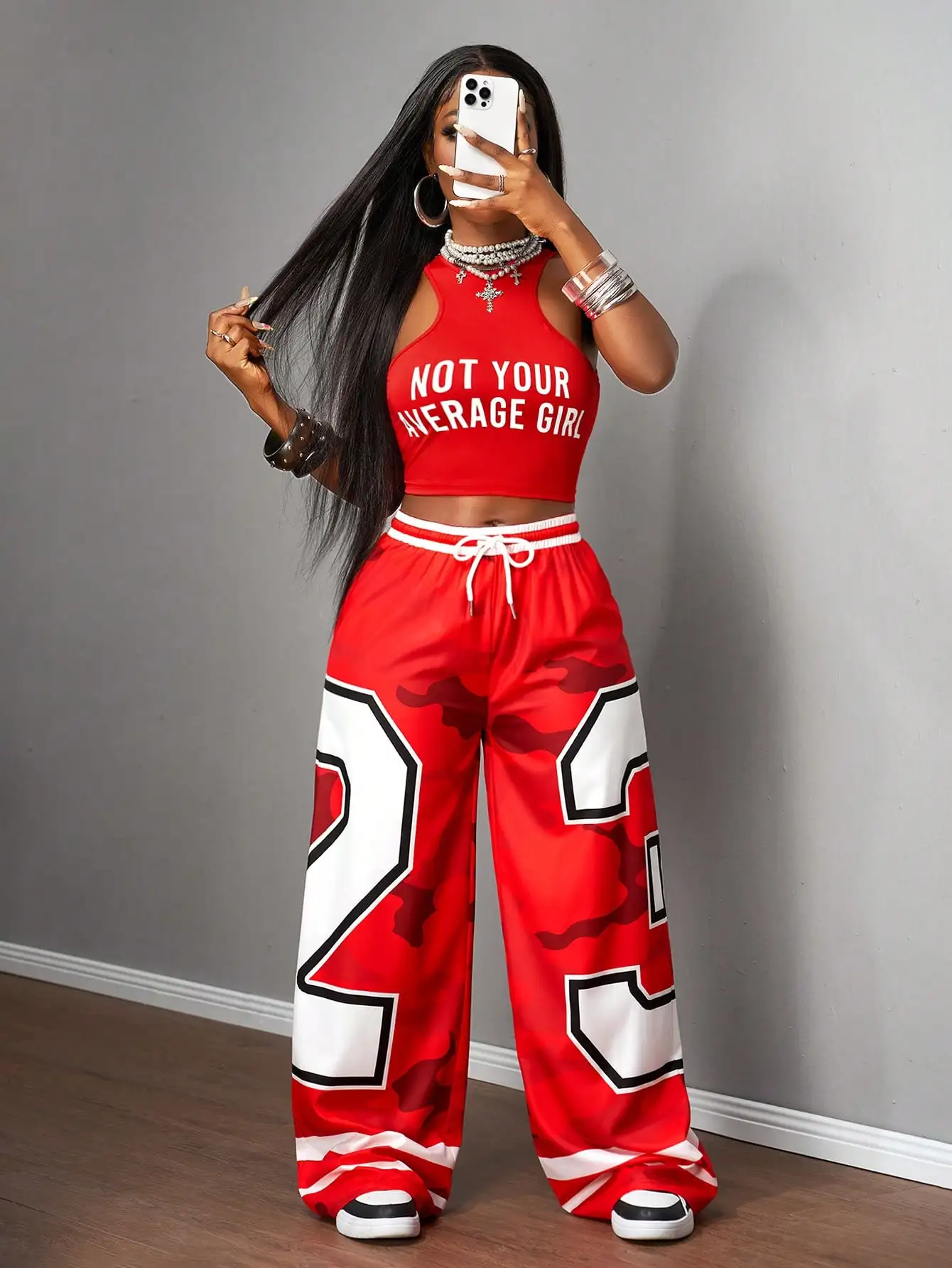 Red 'Not Your Average Girl' Crop Top & Wide-Leg Camo Print Pants Set - Streetwear Two Piece