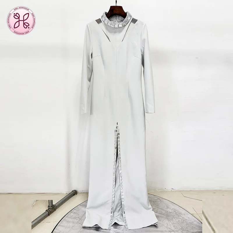 Abito da tappeto rosso celebrità 2025 - Abito lungo con perline ritagliate con spacco alto (abbigliamento da sera e da festa di lusso da donna)