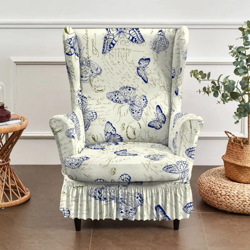 Floral Wing Chair Skirt Cover Stretch Spandex Armchair Slipcovers Removable Sofa Covers with Cushion Cover Furniture Protector