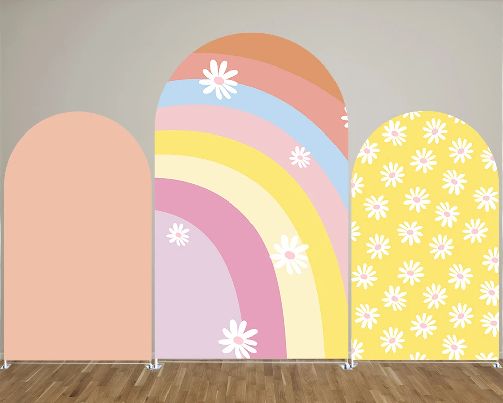 

Rainbow Daisy Print Theme Arch Backdrop Covers for Birthday Parties, Baby Shower Party and Wedding Decoration Props