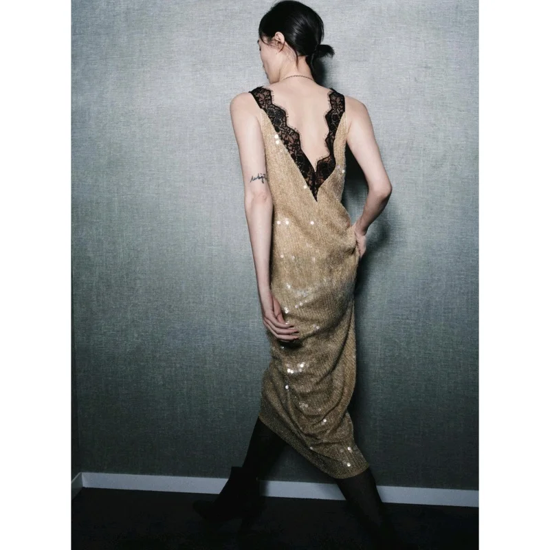 Ele Winter Nowa Damska Sukienka z Dekoltem w Serek, Szerokimi Ramiączkami, Prostym Dołem, Kolorowym Blokowaniem, Koronką z Koralików, Wykonana z Poliestru, Wyszczuplająca, Luźny Krój