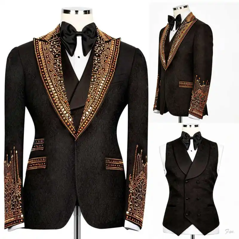 Luxury Gold Beads Suits For Men 3 Pieces Slim Fit Wedding Tuxedos Groom Outfits Customized Blazer Pants traje juvenil