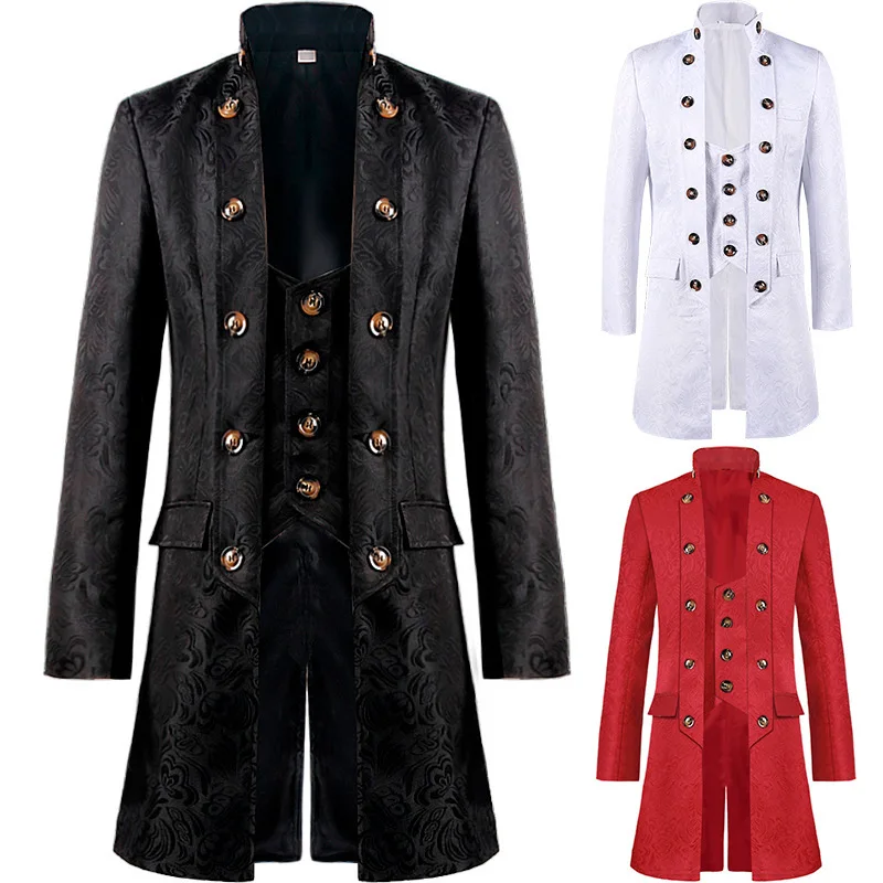 Men'S Fake Two Piece Set Medieval Long Jacket Jacquard Victorian Vest Coat Buttons Up Gothic Prince Cosplay Steampunk Pirate