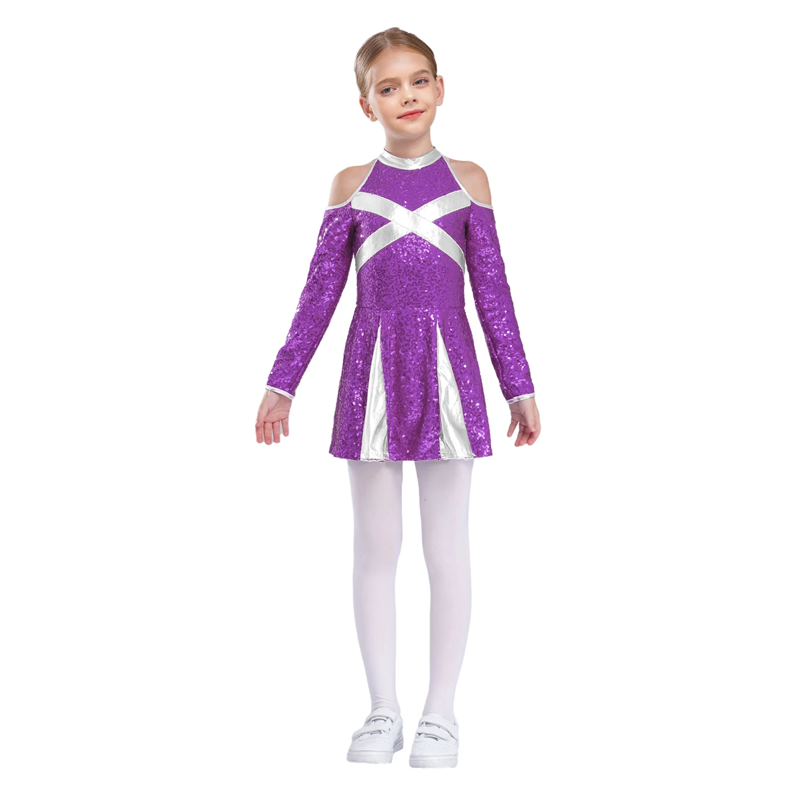 ชุดเชียร์ลีดเดอร์สำหรับเด็กผู้หญิง ชุดยูนิฟอร์มเชียร์ลีดเดอร์ ชุดแสดงเต้นเชียร์ลีดเดอร์ แขนยาว แต่งเลื่อมด้านหลังแบบรูรังกุญแจ