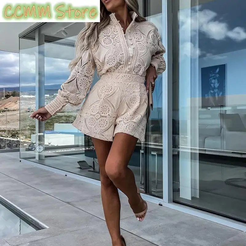 Elegant Women Long Sleeve Office Matching Top Short Pant Suit Fashion Embroidery Hollow  Lace Two Piece Sets Summer Solid Suits