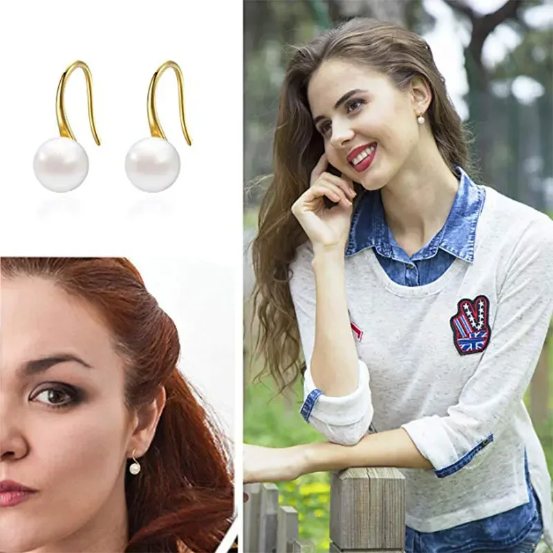 White 8-9mm Cultured Freshwater Pearl Earrings For Women 925 Sterling Silver Freshwater Cultured Pearl Drop Dangle Hook Earring