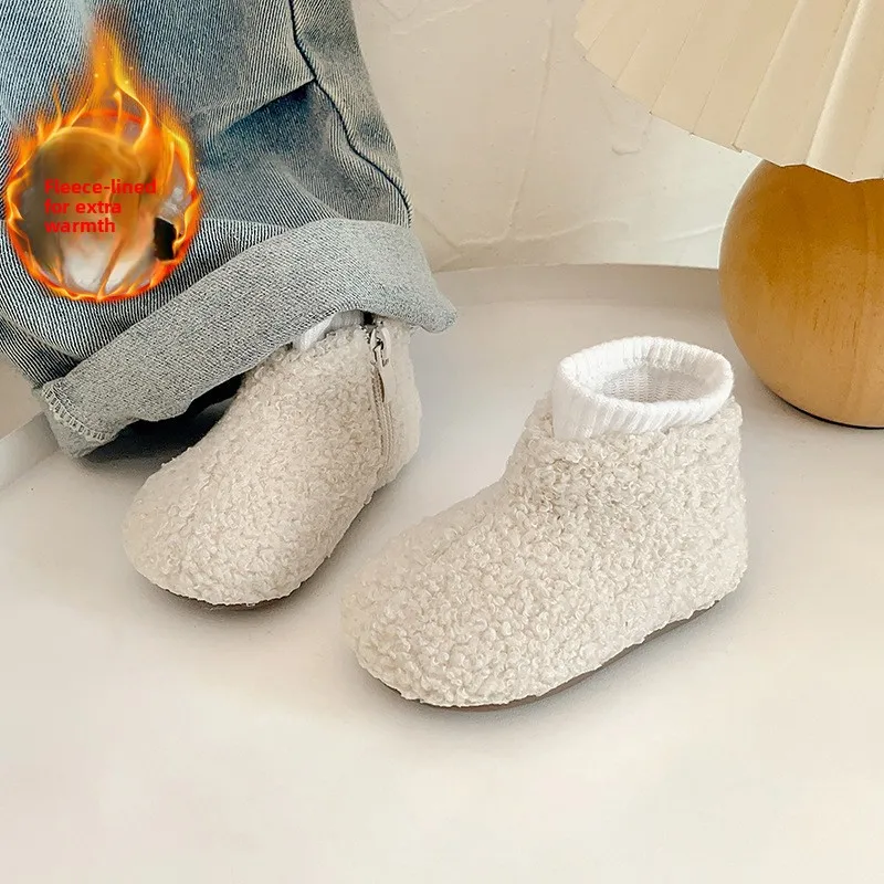 2026 Children Winter Cute Short Boots Girls Lamb Fashion Fluffy Shoes Boys Fleece Boots Warm Short Boots Solid Color Versatile