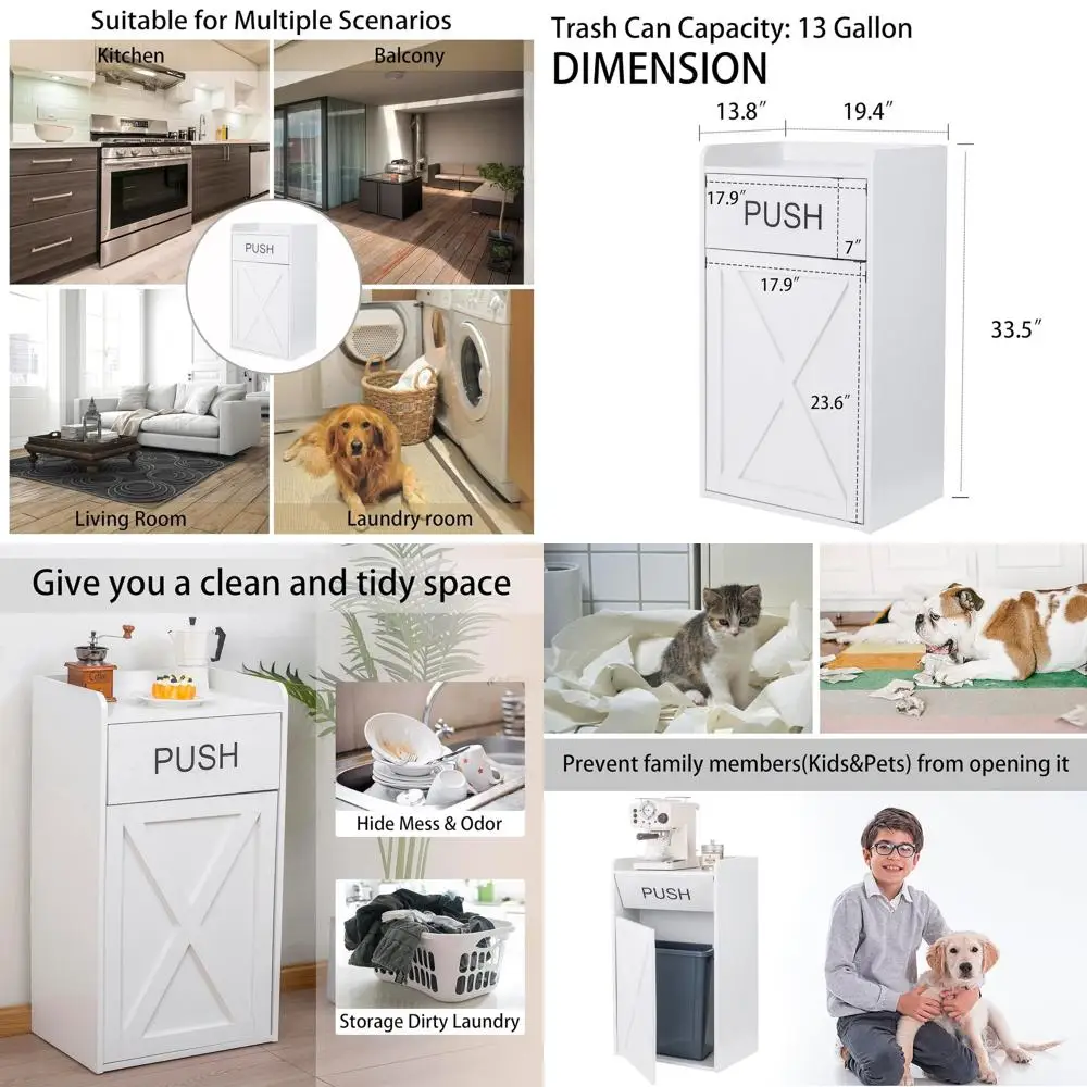 

13 Gallon White Wooden Fluted Tilt-Out Trash Can Cabinet for Kitchen & Living Room