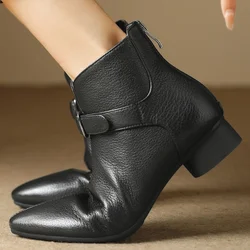 Women's sheepskin metal buckle pointed toe back zip autumn ankle boots pointed toe casual female soft comfortable short booties