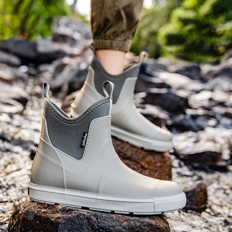 Men Rain Boots Non-slip Water Shoes Outdoor Waterproof Fishing Boots Slip on Men Rubber Boots PVC Material Round Toe Rain Shoes