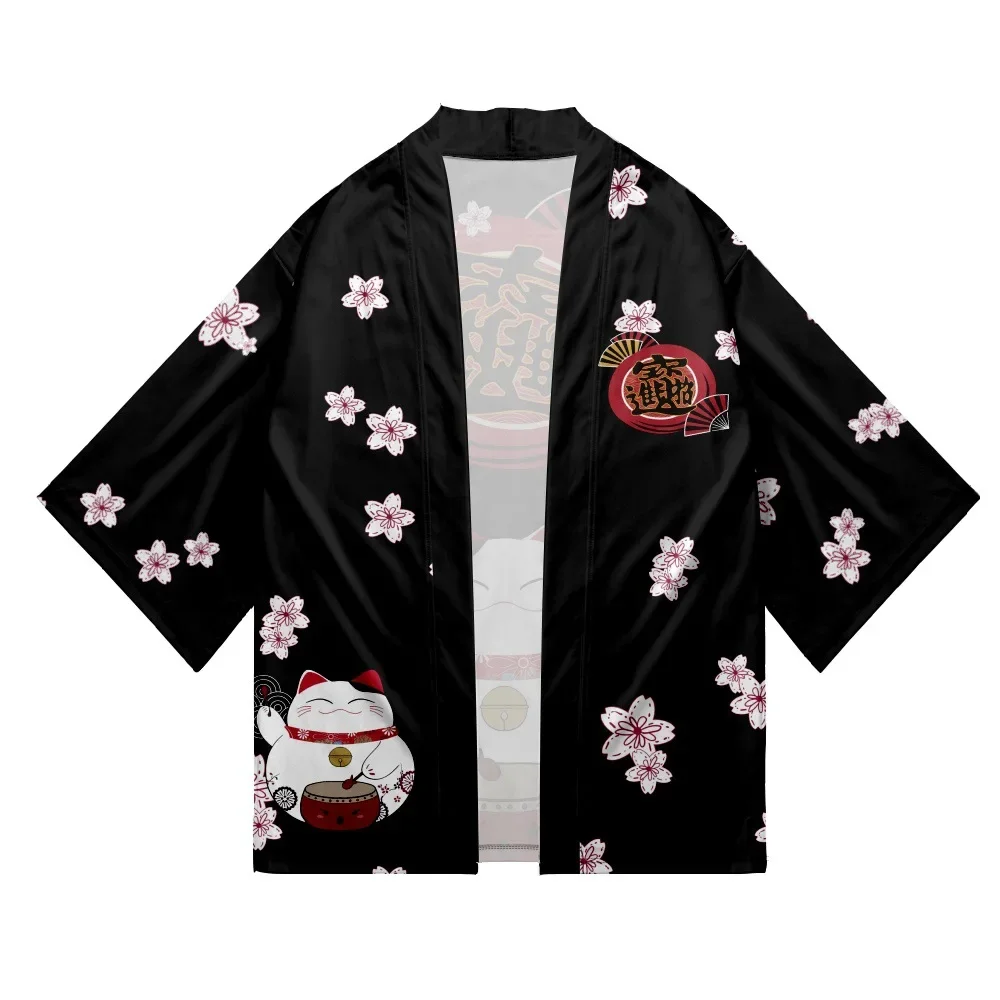 2024 Kimono japonés con estampado de samurái de gato Sakura para hombres y mujeres, cárdigan Haori, disfraz tradicional, capa holgada de manga corta