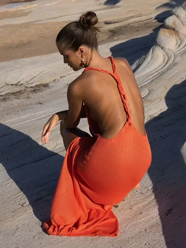 2024 Sexy Summer Orange Knit Cut Out Swimwear Cover Up For Women Backless Split Beach Maxi Dress Holiday Slim Outfit Tunic A2789