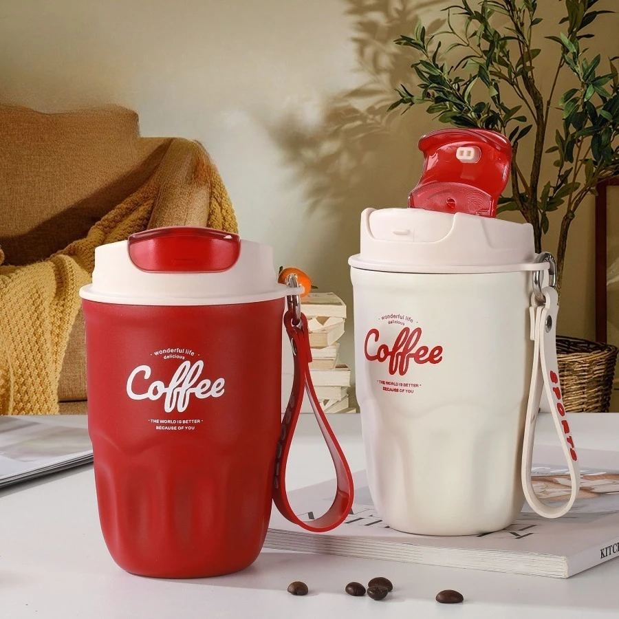 

Newly designed stainless steel coffee cup with double-layer vacuum insulation, outdoor portable carrying strap, and handy cup.
