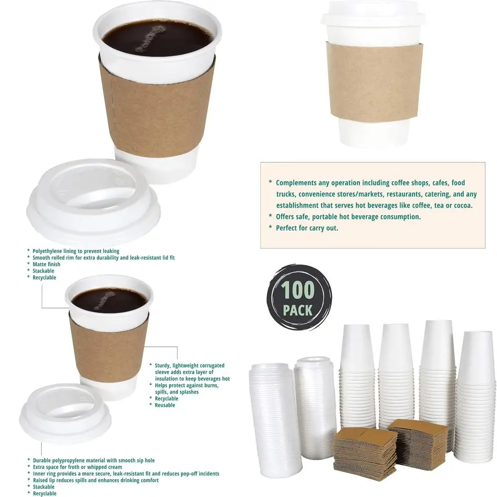 

100 pack 12oz white paper travel coffee cups with lids and sleeves