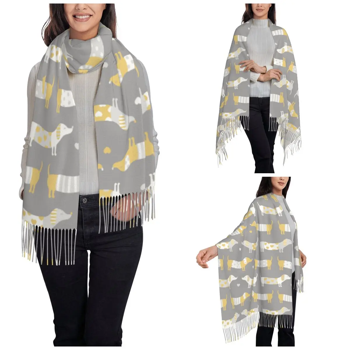 Dachshund Dog Grey Shawl Wrap for Ladies Winter Warm Large Long Scarf Pashmina Tassel Scarves