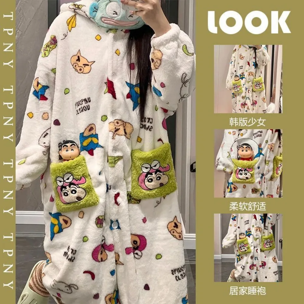 

Cute Crayon Shin Chan Coral Velvet Sleepwear for Women Autumn Winter Collection Thick Velvet Warm Hoodie Medium Long Robe Gifts