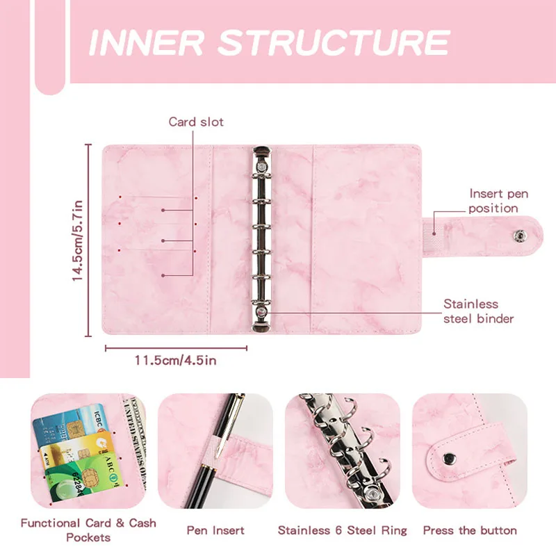 A7 PU Leather Marble Notebook Binder Budget Planner Money Organizer for Cash Savings with 6 Zipper Envelope Pockets Stickers