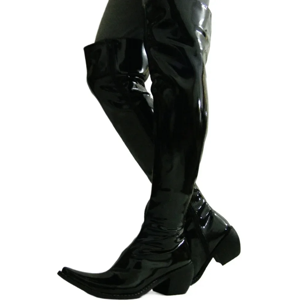 Men's Patent Leather High Heels Riding Boots Zip Stage Perform Black Over-the-Knee Western Thick Sole Pointed Toe Long Boots