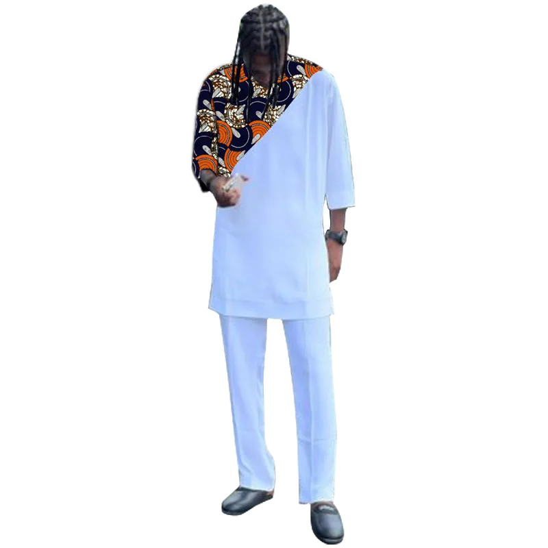 

Tailor Customize African Style Patchwork Tops+Solid Pant Half Sleeve Shirts White Nigerian Men's Set Wedding Party Outfits