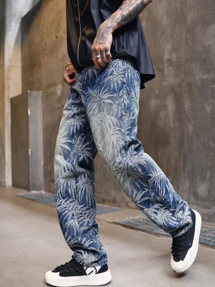 الهيب هوب خمر رجل الجينز فضفاضة تناسب مستقيم السراويل مصمم شارع العليا ربيع الخريف جديد الرجال المطبوعة عارضة الدنيم السراويل