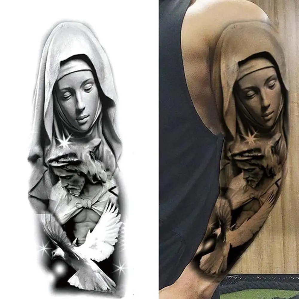 Autocollant de tatouage temporaire pour femmes, motif Jésus Madone, art corporel, bras complet, étanche