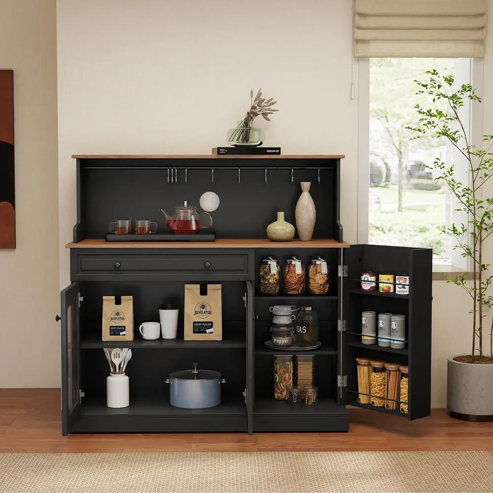 

Кухонный шкаф-буфет с выдвижными ящиками, 48-дюймовый современный кухонный шкаф в стиле фермерского дома со стеклянными дверцами, черный шкаф для хранения с рабочей поверхностью