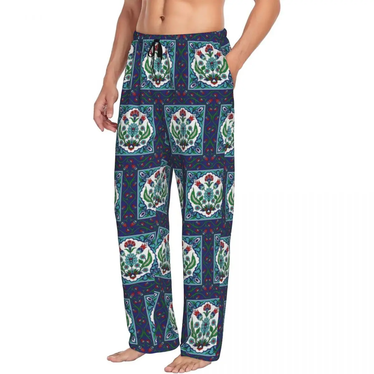 Pantalones de pijama de estilo vintage con estampado de azulejos turcos, diseño Iznik, para hombre, ideales para estar en casa, para dormir o como ropa de descanso, con bolsillos.