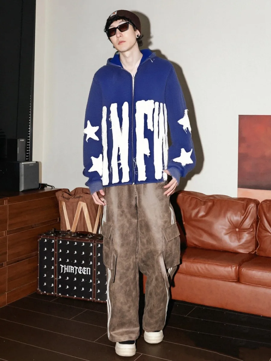 

Men's Letter Star Pattern Patchwork Hooded Sweatshirt Street Fashion Loose Y2k Hoodie