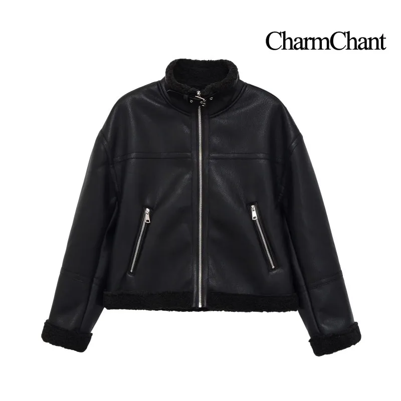 CHARMCHANT Women's Faux Leather Jacket Sherpa Lined Stand Collar Zip Pockets Oversized Shearling Coat Autumn Winter 2026