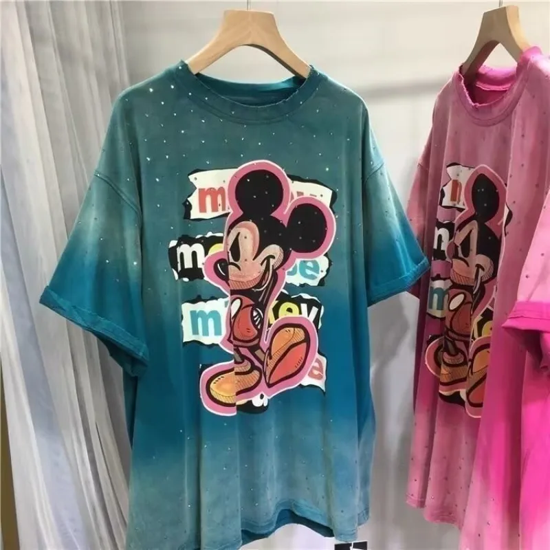 Camiseta de grandes dimensões verão novo dos desenhos animados mickey impressão tie dye gradiente manga curta roupas femininas soltas casuais topo camisetas femininas