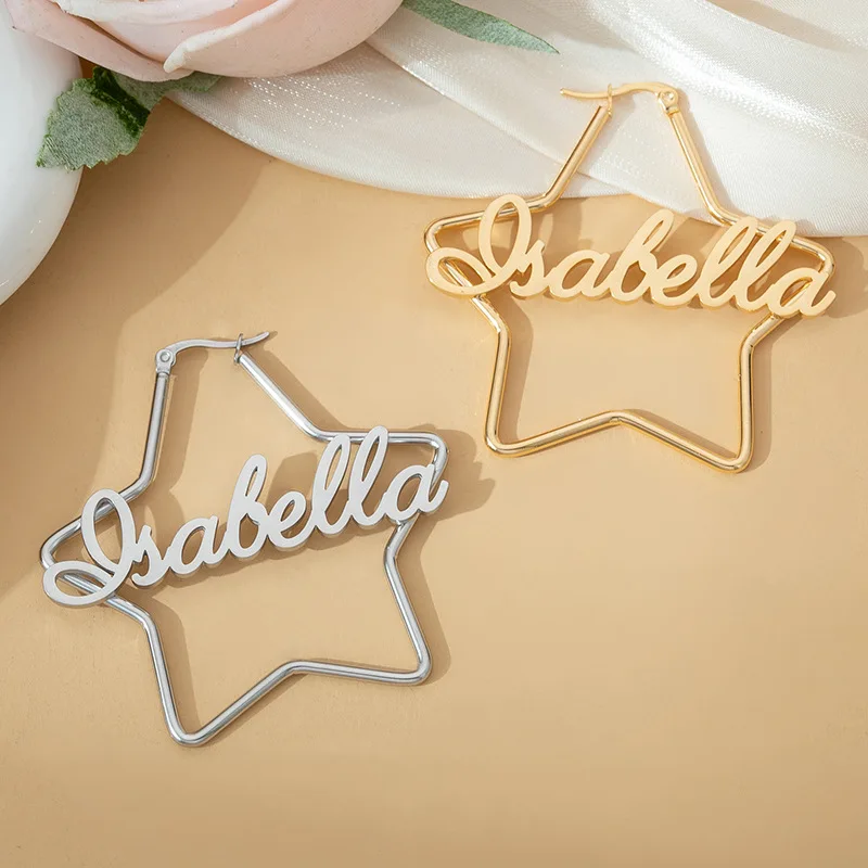 

2025 Custom Euro-American exaggerated star-shaped English name earrings, uniquely cut stainless steel gift