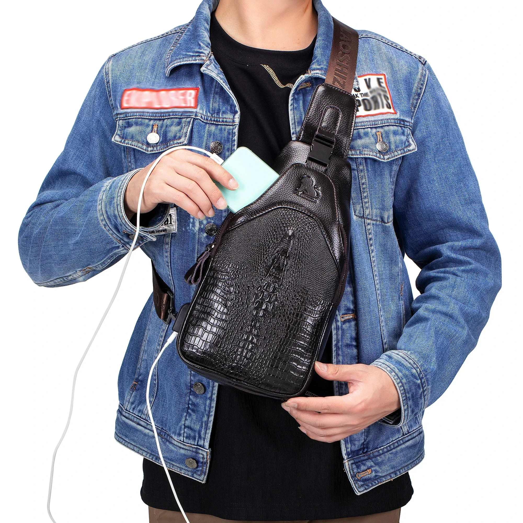 Genuine Leather Men Sling Bag, Crocodile Texture Chest Bag with USB Charging Port Multi Pocket for Outdoor Daily Travel