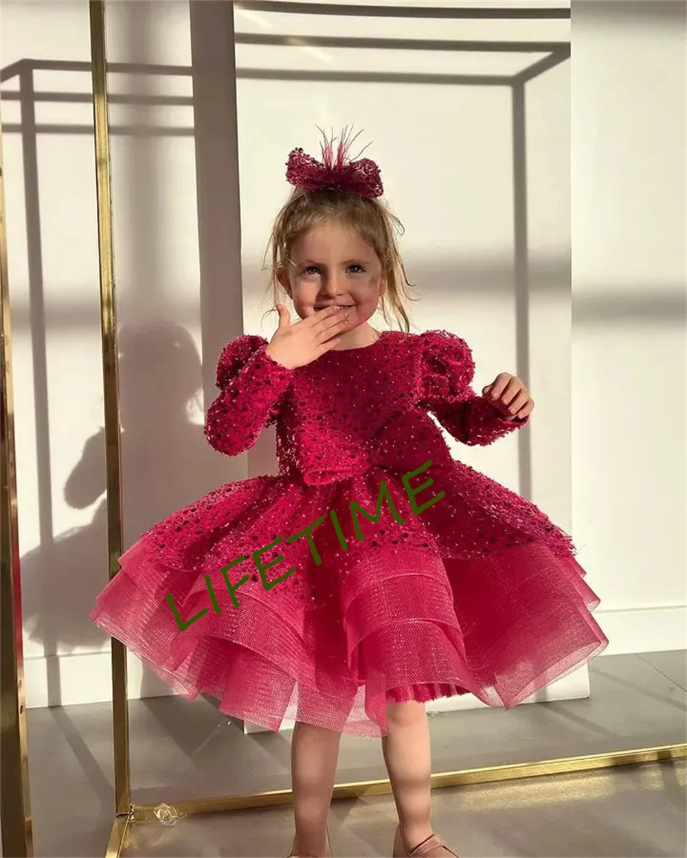 Glitter Red Flower Girl Dresses Girl Dresses Puffy Little Girl Dress Sparkly Princess Dress Baby First Communion Bow Christmas