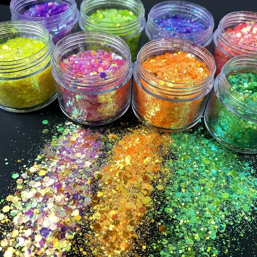 10g UV Glow Glitters Ombretto Logo personalizzato Lunga durata Viso Corpo Capelli Unghie Artigianali Trucco Etichetta privata All'ingrosso Cruelty Free