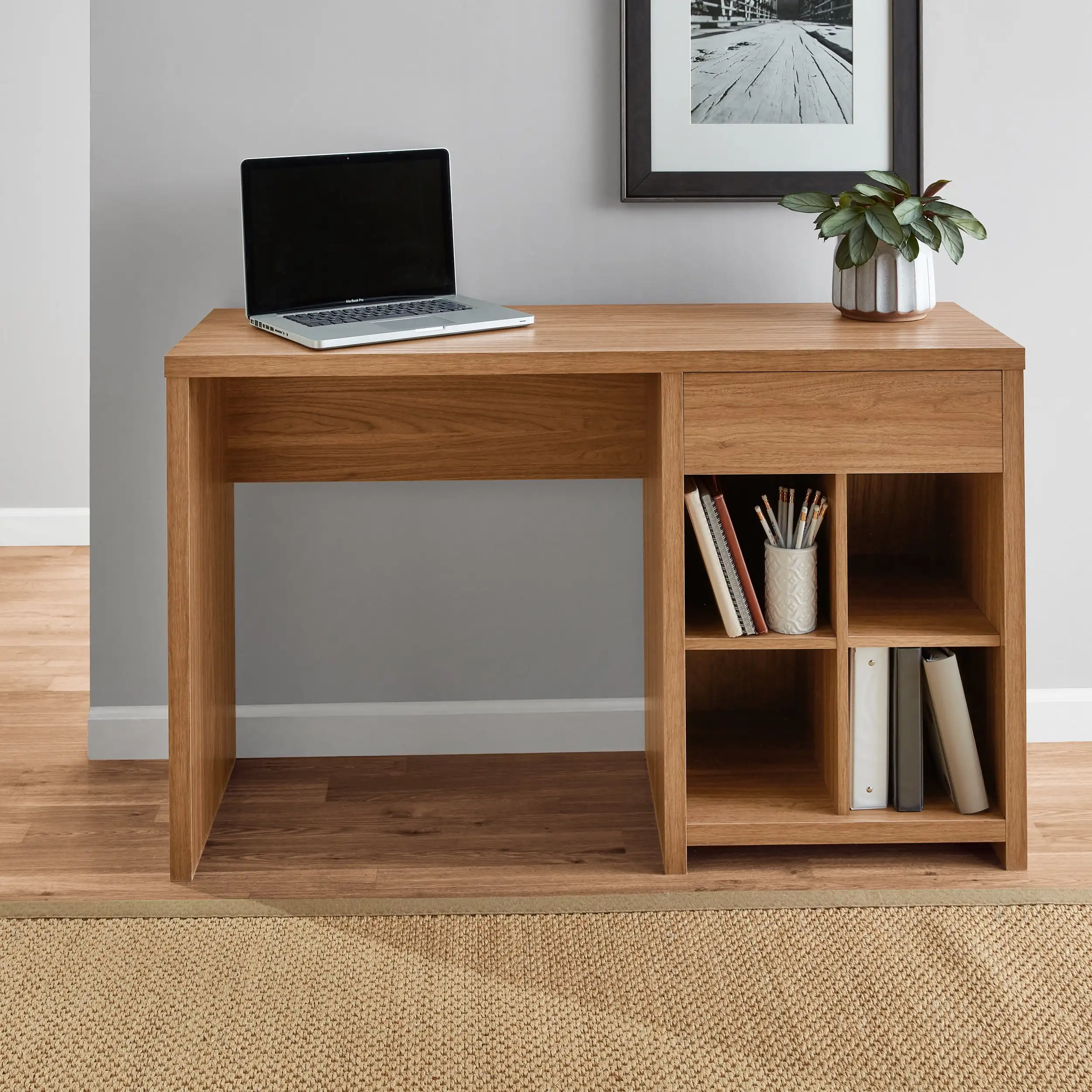 Wesley Adjustable Shelf Desk with Headphone Hook and Cable Management, Warm Walnut Finish