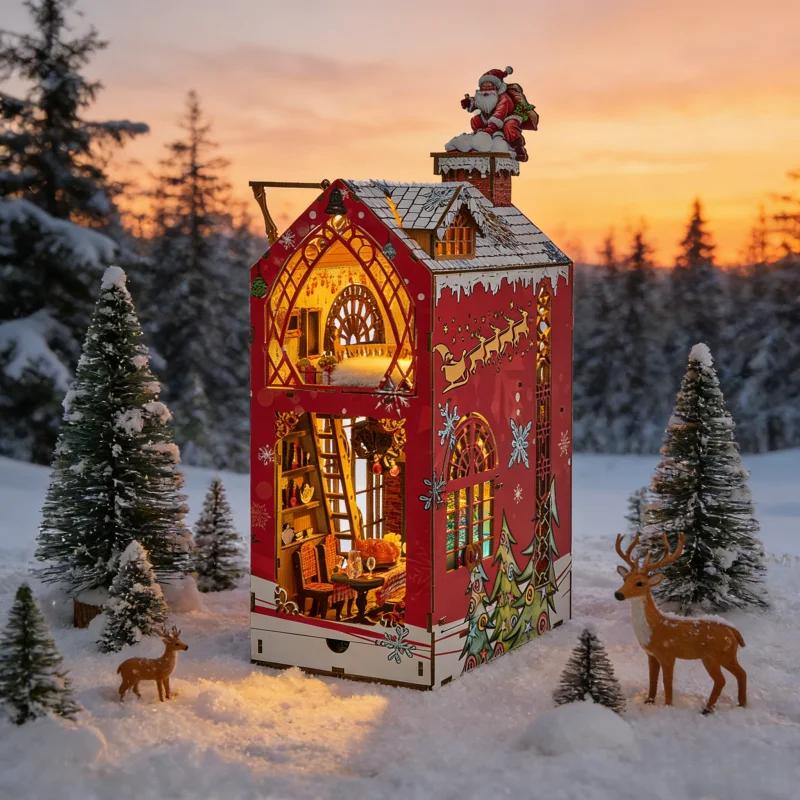 OUZEY Winter Carol Book Nook DIY, 3D Śnieżny Dom na Zimną Noc, Świąteczny Model Miniaturowy dla Nastolatków