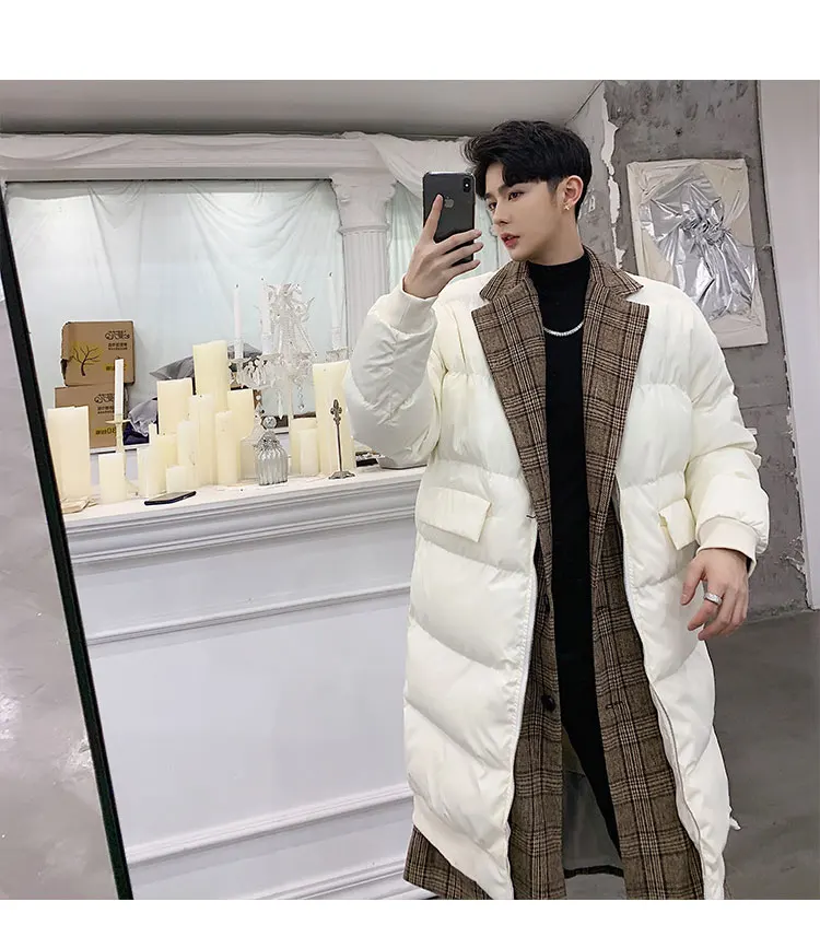 2024 Winter Plaid Splicing Thickened Warm Long Sleeve Chic Parkas Long Knee Cotton Coats Men's Youth Retro Cotton-padded Jacket