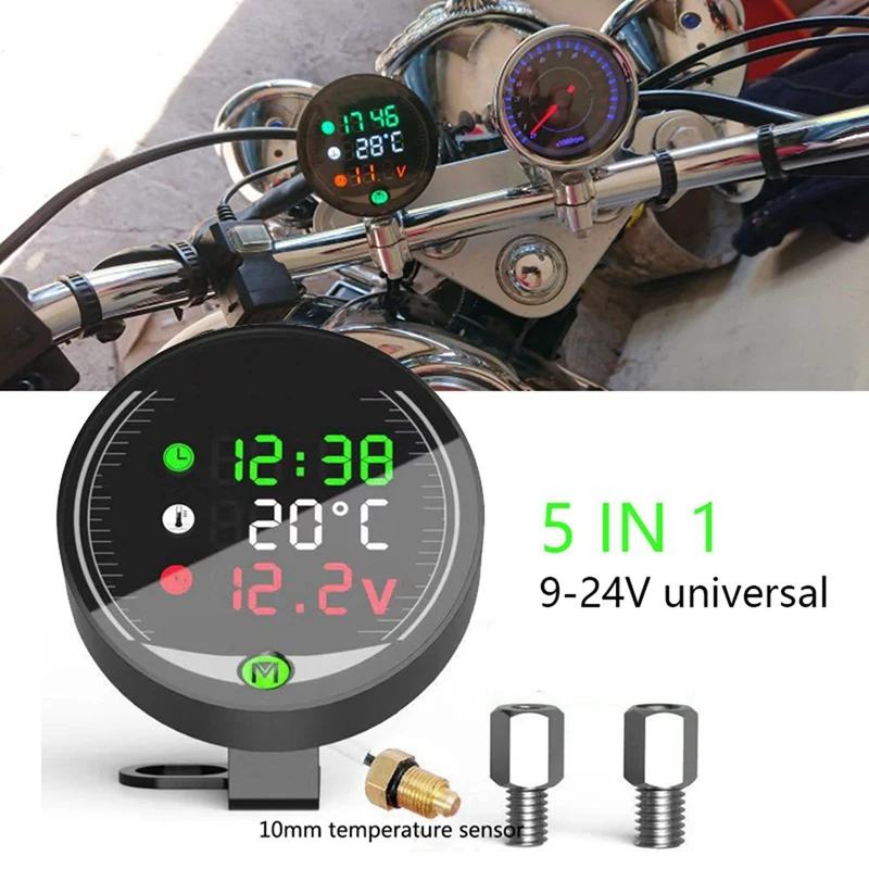 2X 5 In 1 Motorcycle Water Temperature USB Rechargeable Time Voltmeter LED Night Vision Meter With Temperature Sensor