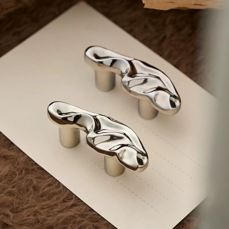 2pcs French Style Light Luxury Nickel Silver Handle Modern Minimalist Wardrobe Door Drawer Cabinet Furniture Single Hole Handle