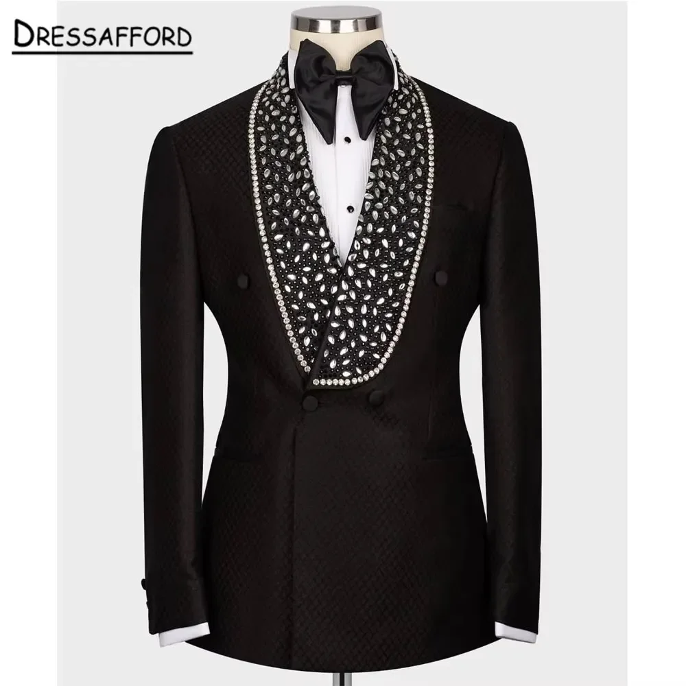 Black Men's Suits Fashion 2 Pieces Sets Diamonds Crystal Groom Prom Blazers Decoration Tuxedos Men