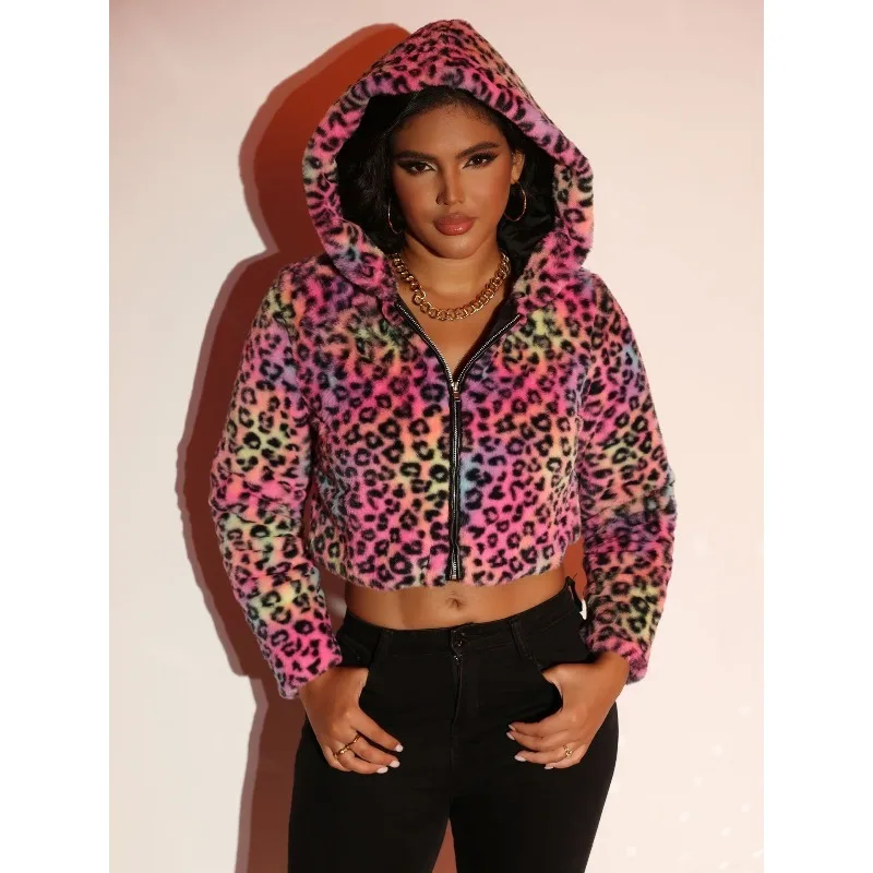 Modny i spersonalizowany płaszcz jesienno-zimowy, nowy damski płaszcz futrzany z grubą podszewką z bawełny imitującej futro w panterkę.