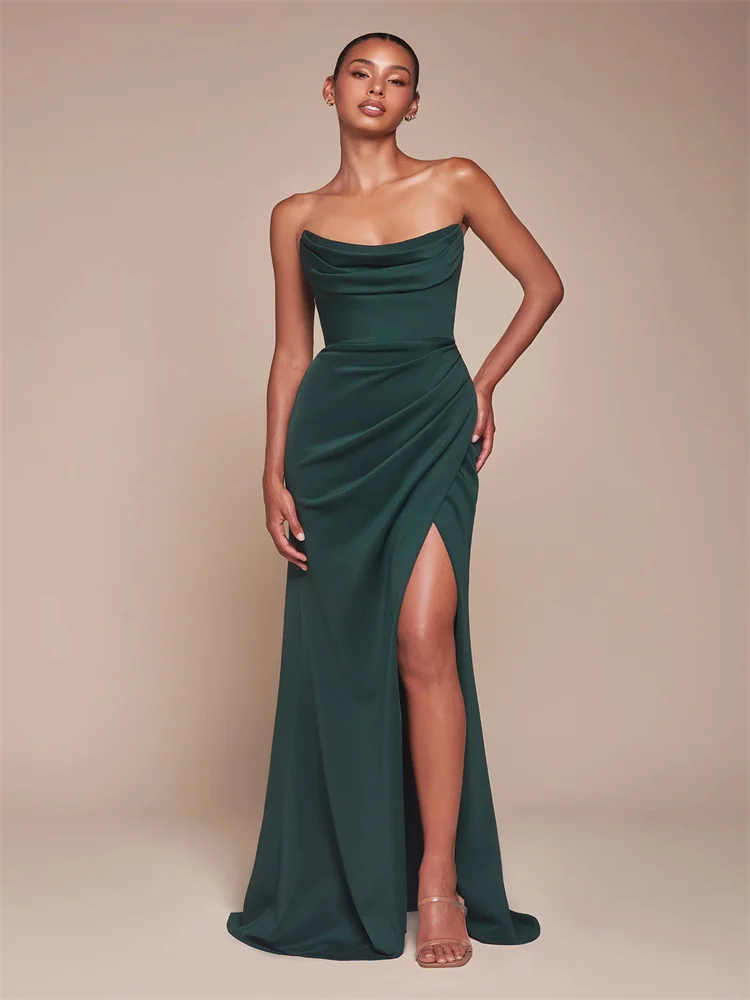 Robe de soirée en fibre de satin pour femme, tenue élégante, sans bretelles, avec lacet au dos, longueur au sol, 2024