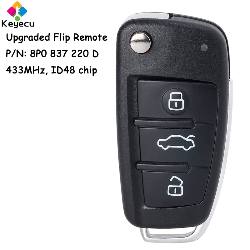 KEYECU Upgraded Flip Remote Car Key With 3 Buttons 433MHz ID48 Chip for Audi A1 Q3 A3 TT S3 S1 2005-2014 Fob P/N: 8P0 837 220 D