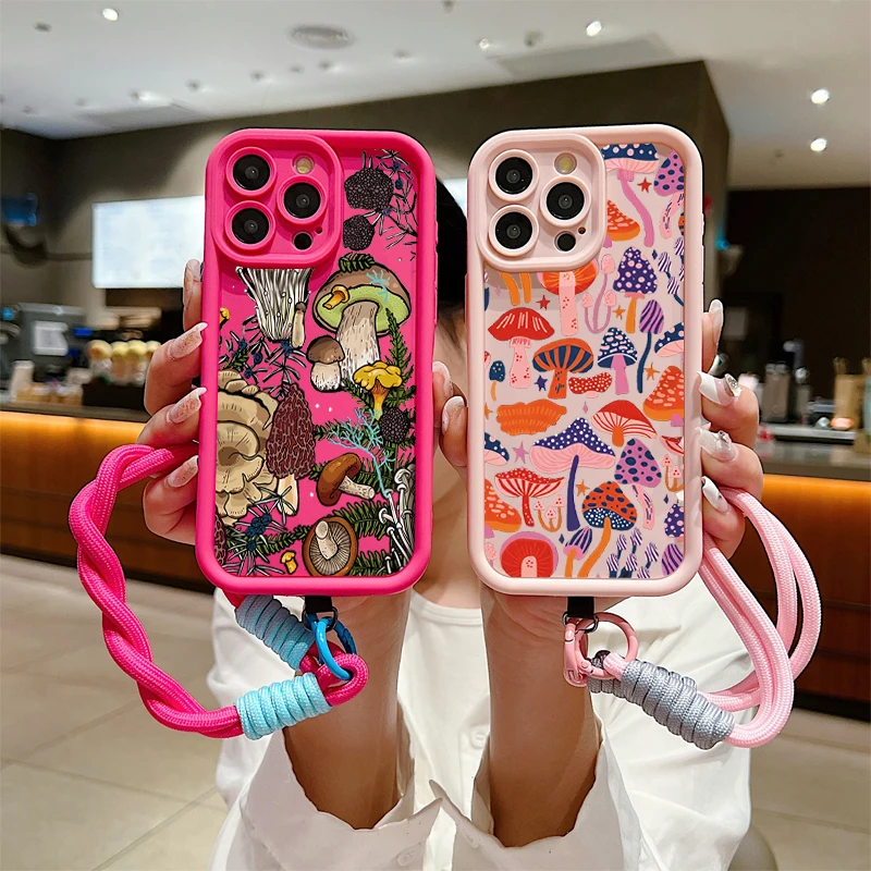 Colorful Mushroom Silicone Lanyard Rope Case For IPhone 16 15 14 13 12 11 Pro Max XR XS X 7 8 Plus SE 2020 Hand Strap Soft Cover